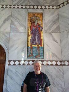 Chris in front of icon of St Christopher at Lydia's Baptistery, Philippi-2